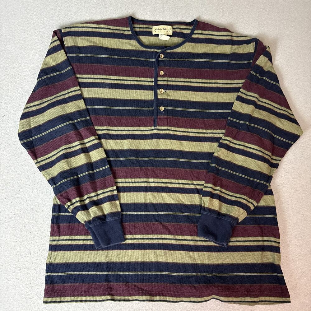 Eddie Bauer Mens L Striped Henley Thermal Waffle Knit Cotton Long Sleeve Shirt